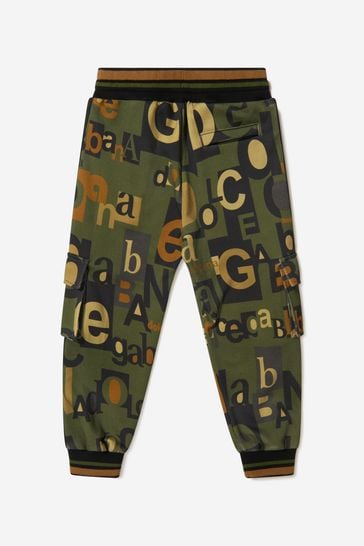 Boys Cotton Logo Military Trousers in Green