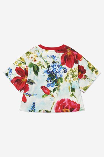 Girls Cotton Floral Print Logo T-Shirt in Floral