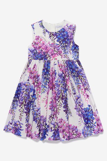 Girls Cotton Wisteria Print Sleeveless Dress in Purple