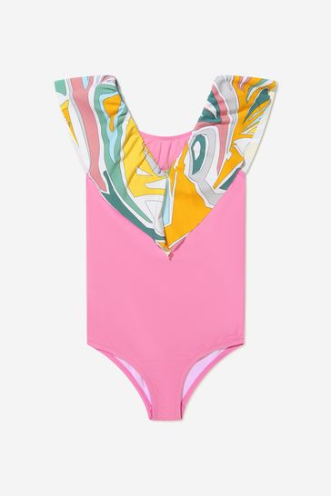 Girls Pink Patterned V-Neck Swimsuit