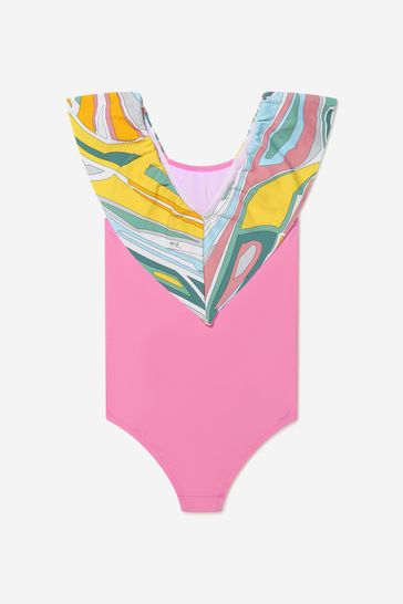 Girls Pink Patterned V-Neck Swimsuit