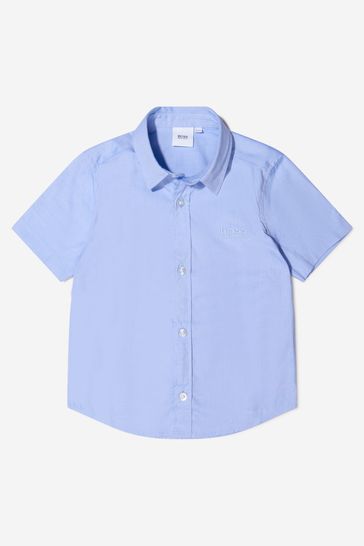 소년 면 반소매 옥스포드 셔츠 에 블루