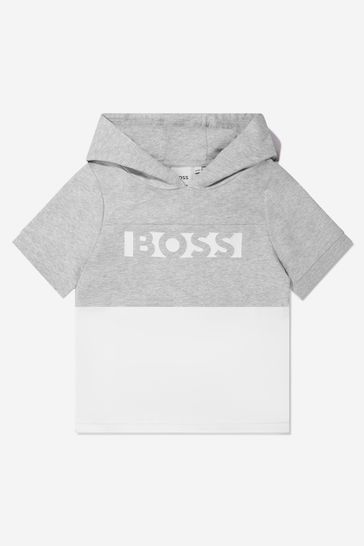 Boys Cotton Logo Print Hooded T-Shirt in Grey