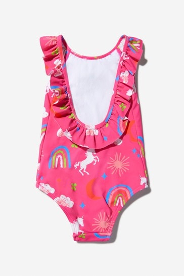 Girls Pink Unicorns And Rainbows Ruffle Sleeve Swimsuit