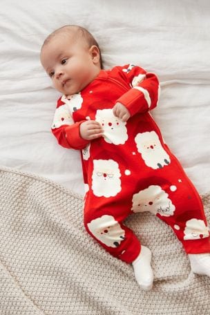 Red Santa Baby Christmas Single Zip Sleepsuit (0-3yrs)