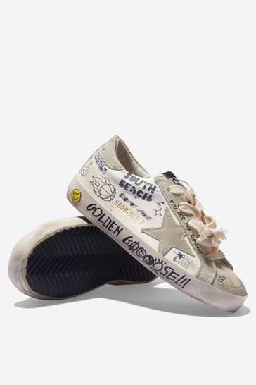 Kids Nappa Leather Suede Journey Print Super-Star Trainers in White