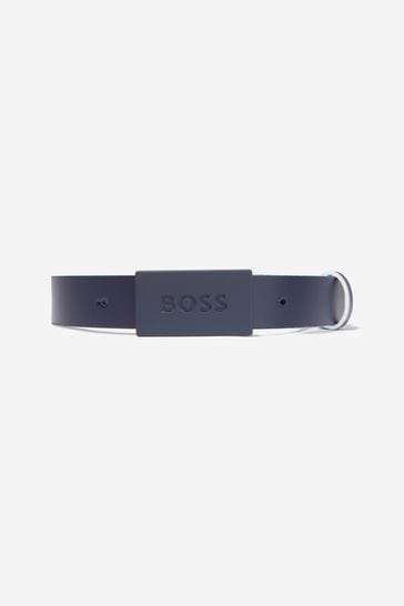Boys Leather Belt With Branded Buckle in Navy