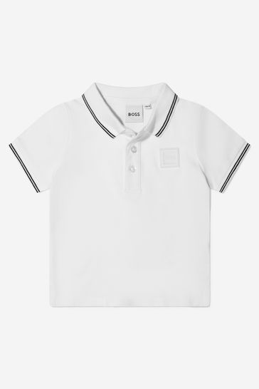 Baby Boys Cotton Pique Branded Polo Shirt in White
