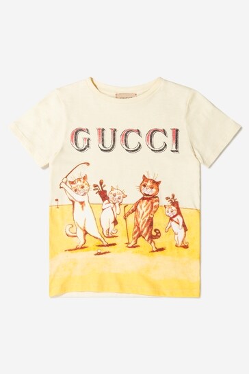 Kids Cotton Jersey Cat Print T-Shirt in White