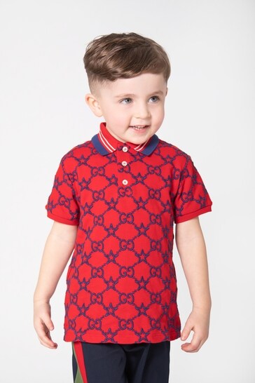 Boys Cotton Embroidered GG Polo Shirt in Red