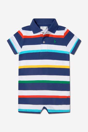 Baby Boys Cotton Striped Polo Romper in Blue