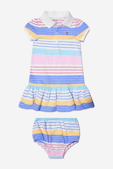 Baby Girls Cotton Striped Polo Dress With Knickers in Multicoloured