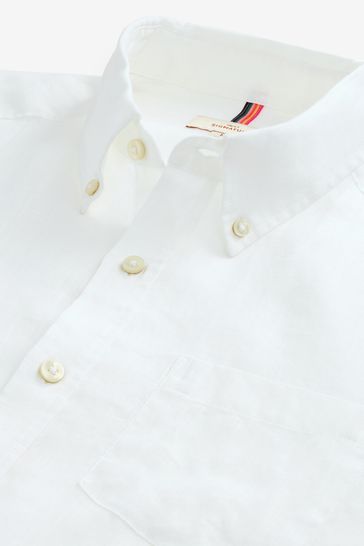 White Standard Collar Signature 100% Linen Long Sleeve Shirt