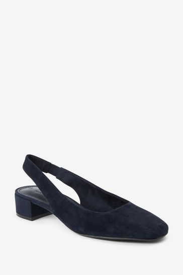 Navy Blue Forever Comfort Leather Slingback Low Block Heels