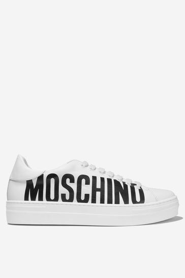 Unisex Leather Logo Print Trainers in White
