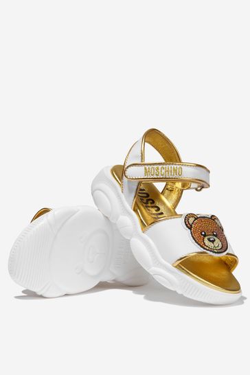 Girls Leather Teddy Bear Logo Sandals in White