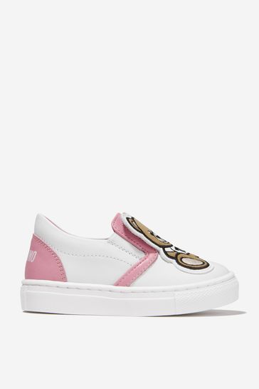 Girls Leather Teddy Bear Slip-On Trainers in White