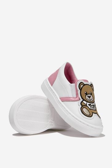 Girls Leather Teddy Bear Slip-On Trainers in White