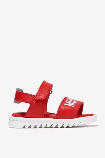 Boys Leather Logo Print Sandals in Red