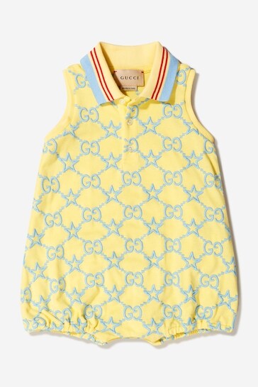 Baby Cotton GG Embroidered Sleevless Romper in Yellow