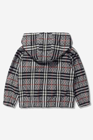 Boys Cotton Check Hooded Jacket in Blue