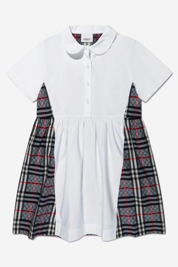 Girls Cotton Check Panel Dress in Blue