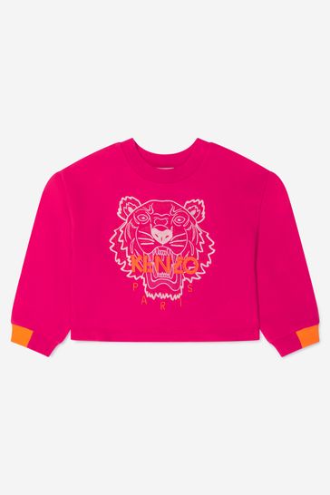 Girls Cotton Embroidered Tiger Sweatshirt in Fuchsia