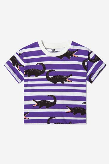 Mini Rodini Girls Purple Organic Cotton Striped Crocodile T-Shirt
