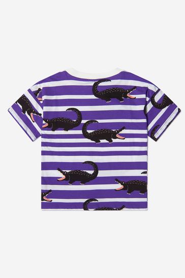Mini Rodini Girls Purple Organic Cotton Striped Crocodile T-Shirt