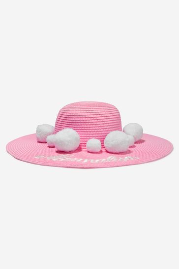 Girls Weaved Hat With Pom Poms in Pink