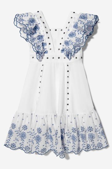 Girls Cotton Broderie Anglaise Dress in White