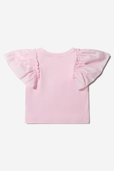 Monnalisa Girls Pink Cotton Ruffle Sleeve Rose T-Shirt