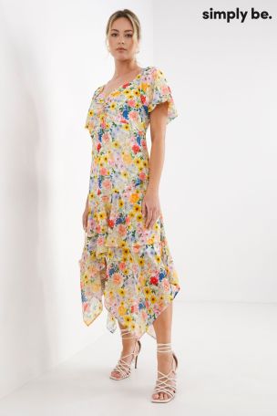 Simply Be Yellow Ruched Front Digi Printed Sunflower Midi Dress