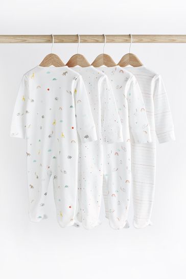 White Bright Animal 4 Pack Baby Printed Long Sleeve Sleepsuits 0 2yrs