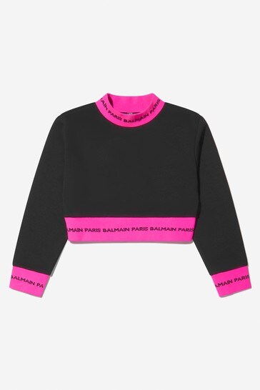 Girls Black Cotton Cropped Sweatshirt
