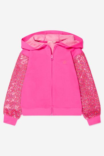 Girls Pink Hooded Zip Up Top With Sequinned Sleeves