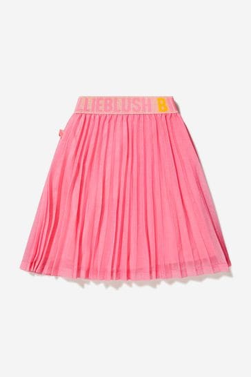 Girls Pink Pleated Metallic Branded Skirt