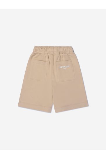 Boys Beige Cotton Branded Bermuda Shorts