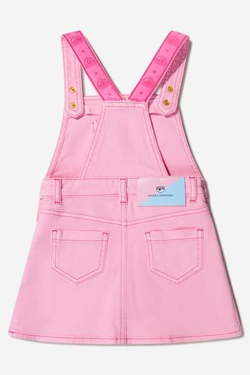 Girls Cotton Logo Strap Dungaree Dress in Pink