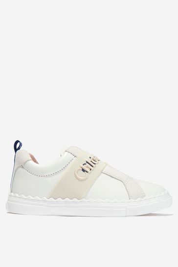 Girls Leather Logo Trainers in Stone