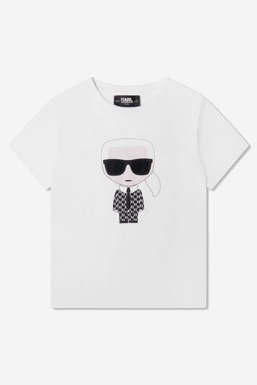 화이트 소재의 보이스 오가닉 코튼 칼 프린트 티셔츠