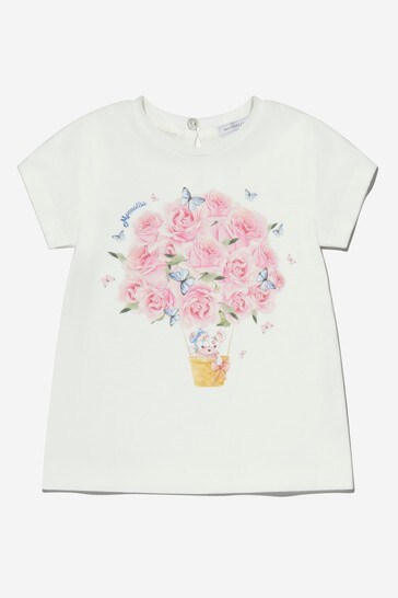 Baby Girls Cotton Teddy And Roses T-Shirt in Cream