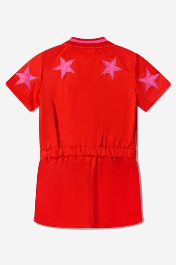 Girls Cotton Satin Fringed Star Playsuit in Red