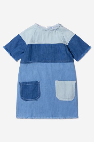 Girls Cotton Denim Tonal Dress in Blue