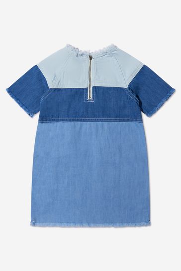 Girls Cotton Denim Tonal Dress in Blue