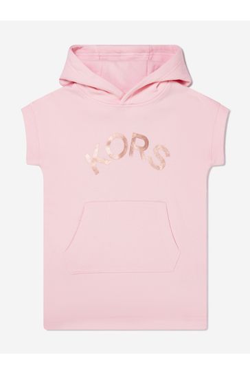 Girls Cotton Fleece Hooded Logo Dress in Pink