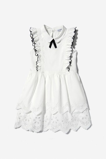 Girls Cotton Poplin Ruffle Mini Dress in White