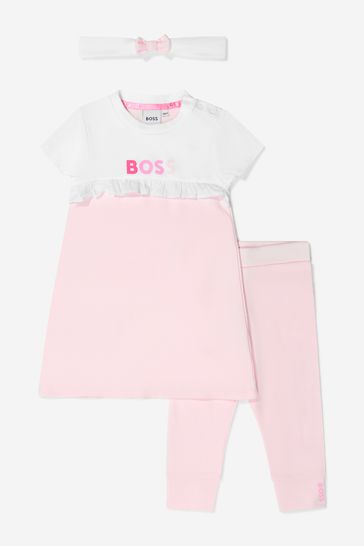 Baby Girls Cotton Dress, Leggings And Headband Gift Set in Pink