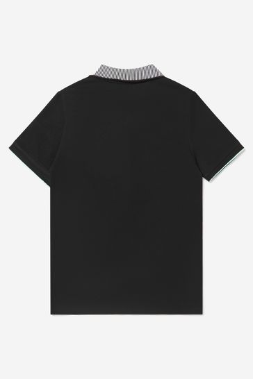 Boys Cotton Pique Logo Print Polo Shirt in Black