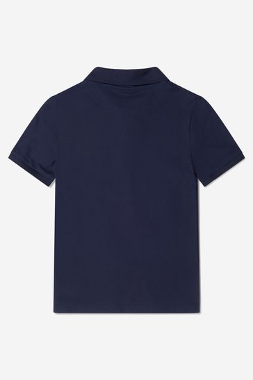 Boys Cotton Pique Logo Print Polo Shirt in Navy